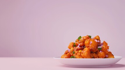 Wall Mural - Crispy Cauliflower Florets with Red Sauce and Green Garnish on White Plate