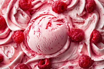 Wall Mural - Raspberry Swirl Ice Cream with Fresh Raspberries.