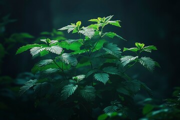 Poster - Lush Green Foliage Illuminated by Sunlight in a Dark Forest