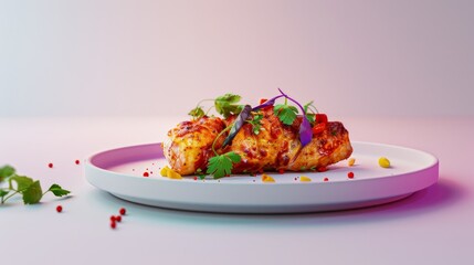 Wall Mural - A Plate of Grilled Fish with Herbs and Spices on a White Plate Against a Pink and White Background