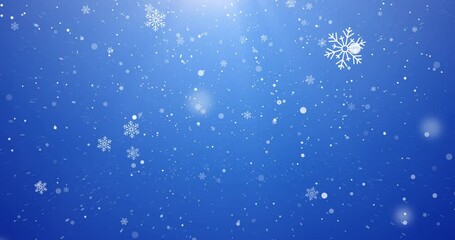 Fototapete - Christmas, particles and snowflakes on blue background space for digital card, creativity and festive season. Snow animation, bokeh spots and glitter on wallpaper for texture, sparkle and celebration