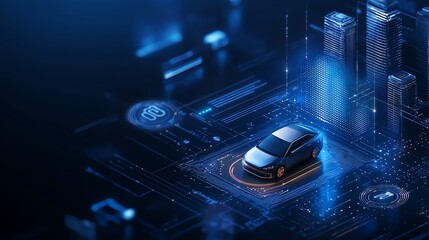 Poster - Futuristic city with a self-driving car on a digital circuit board.