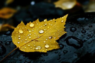 Poster - A Single Golden Leaf Covered in Dew Drops