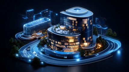 Modern smart city concept with futuristic buildings and glowing lines.