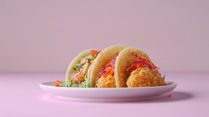 Wall Mural - Three Crunchy Tacos on a White Plate Against a Pink Background