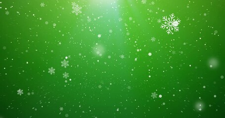 Fototapete - Christmas, particles and snowflakes on green background space for digital card, creativity or festive season. Snow animation, bokeh spots and glitter on wallpaper for texture, sparkle and celebration