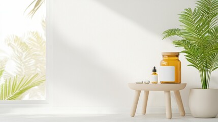 Sticker - Minimalist Interior with Wooden Stool  Plant  and Glass Bottles