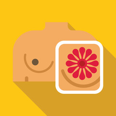 Sticker - Flat design icon of a woman torso with a nipple piercing and a flower tattoo covering the breast