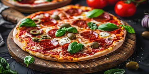 Wall Mural - Thin crust pizza topped with tomato sauce, pepperoni, mozzarella, olives, and fresh basil.