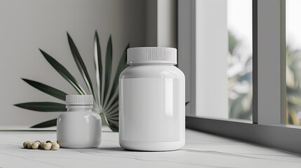 Two white pill bottles with blank labels sit on a marble surface. The bottles are in front of a window and a green leaf.