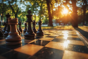 A close-up of a chess board mid-game in a park, with copy space