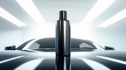 premium car wax, sleek bottle design with a glossy finish, positioned on a clean car hood, ultra-realistic rendering with bright lighting highlighting the product's shine, clean white background with