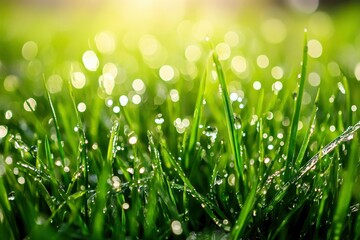 Sticker - Dew Drops on Green Grass Blades with Bokeh Background