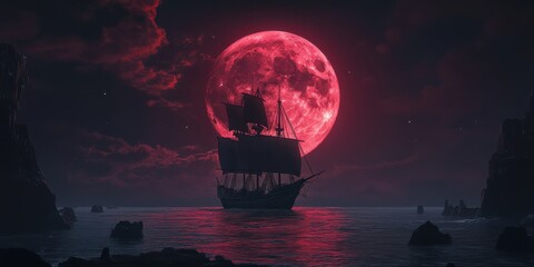 Wall Mural - A ghost ship sailing under a blood-red moon