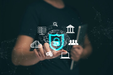 Fototapete - Cyber ​​security protection concept, personal data protection and financial transaction protection. Security lock technology protects personal information on smartphones.