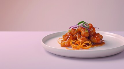 Canvas Print - Sweet and Sour Pork with Garnishes on White Plate