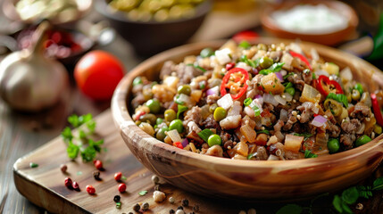 Colorful Mediterranean vegetable salad in a wooden bowl, featuring fresh peas, peppers, onions, and herbs.