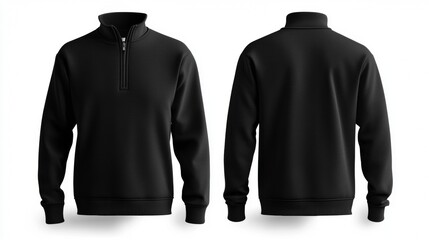 Blank black quarter zip sweater mockup, front and back side views