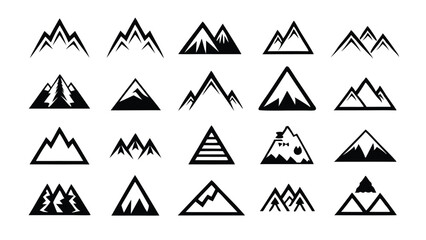 Wall Mural - Set of eleven mountain icons, in various shapes, black silhouette, isolated on white background.