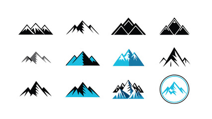 Wall Mural - Set of 10 black and blue mountain icons of various shapes.