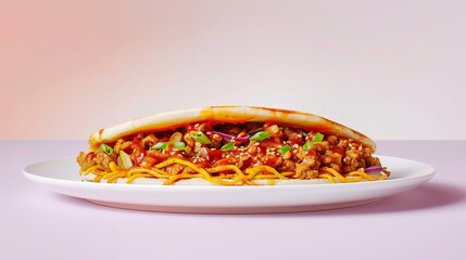 Wall Mural - A Close-Up of a Flatbread Sandwich Filled with Stir-Fried Noodles and Meat