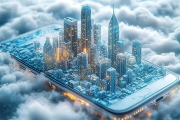Poster - A cell phone is shown in a cityscape with buildings and clouds