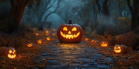 A jack-o'-lantern-lit Halloween path 