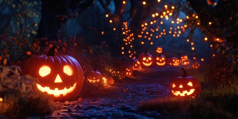 Poster - A jack-o'-lantern-lit Halloween path 