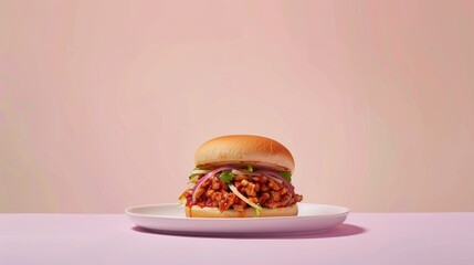 A Single Pulled Pork Sandwich on a White Plate with a Pink Background