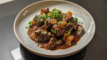 Poster - Close-up of rich, savory beef stew with herbs on a plate.