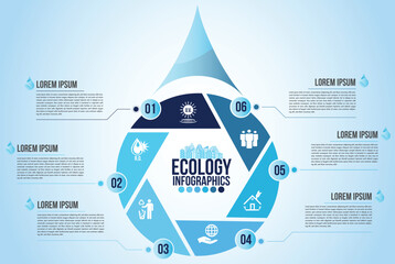 Wall Mural - infographic eco water blue design elements process 6 steps or options parts with drop of water. ecol