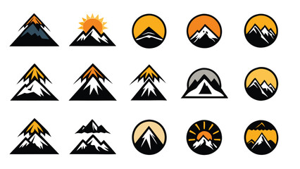 Set of 8 mountain icons in different shapes and styles, featuring peaks, snow, and sun elements.