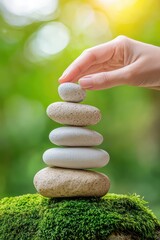 Hand stacking smooth stones on a moss covered surface representing stress relief and balance through mindful nature activities