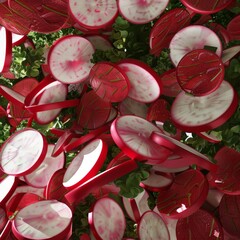 Sticker - Close-up of sliced red radishes with green leaves.