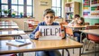 © Htet Wai Phyo - A student sitting at a desk in a classroom, holding up a poster with the word 'Help!' written on it, representing a need for academic assistance.