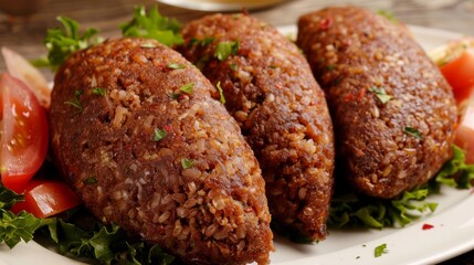 Sticker - Close-up of three savory rice patties on a bed of lettuce with tomato slices.