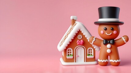 Poster - 3D cute christmas gingerbread man with house