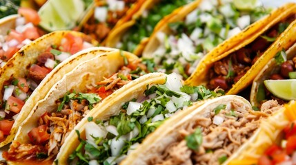 Poster - Close-up of various tacos filled with meat, onions, cilantro, and tomatoes.