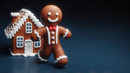 Poster - 3D cute christmas gingerbread man with house