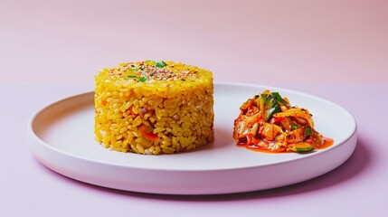 Wall Mural - Yellow Rice with Kimchi on a White Plate