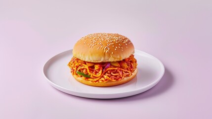 Wall Mural - Sesame Seed Bun with Spicy Shredded Pork Filling on a White Plate