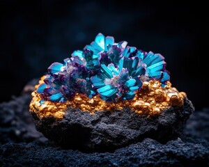 Wall Mural - A stunning arrangement of crystal clusters on a rock, showcasing vibrant colors and intricate formations.