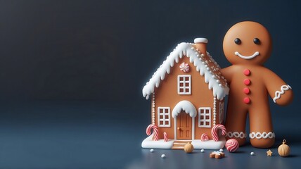 Poster - 3D cute christmas gingerbread man with house