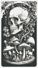 skull head with mushrooms, t shirt design