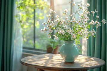 A vase of white flowers sits on a wooden table in front of a window