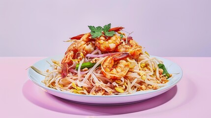 Wall Mural - A Plate of Stir-Fried Noodles with Shrimp and Vegetables