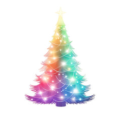 Vibrant rainbow Christmas tree with twinkling lights creating a festive holiday atmosphere, perfect for seasonal celebrations and decorations.