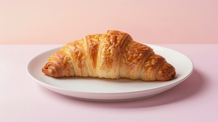 A golden brown croissant on a white plate against a pink background