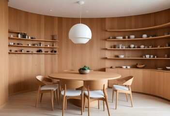 Wall Mural - A modern, minimalist dining room with curved wooden walls and ceiling, a wooden dining table with chairs, and shelves displaying decorative items 