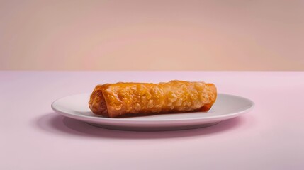 Wall Mural - A Single Golden-Brown Egg Roll on a White Plate